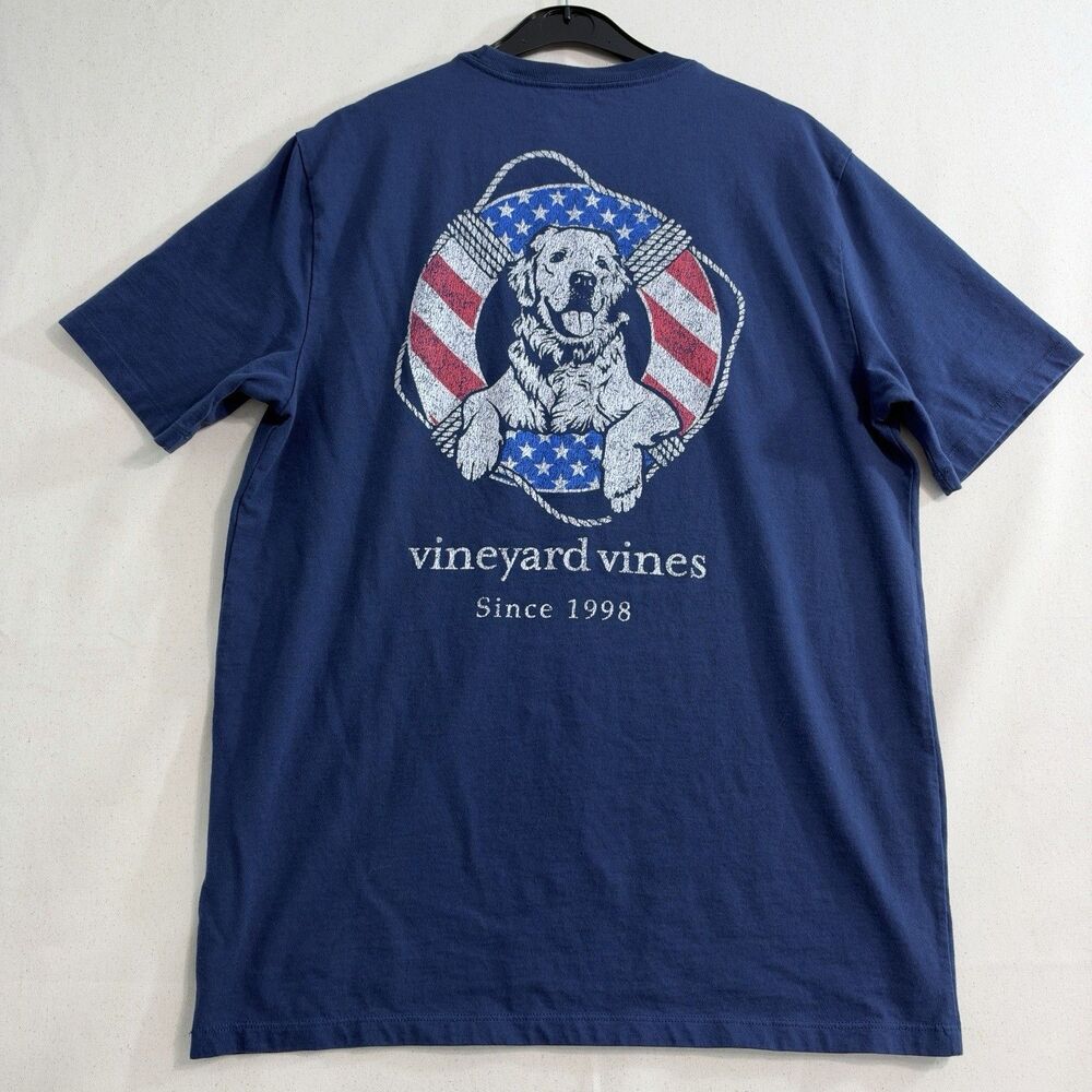 Vineyard Vines Patriotic Dog T Shirt Mens M Navy Blue American Flag Graphic